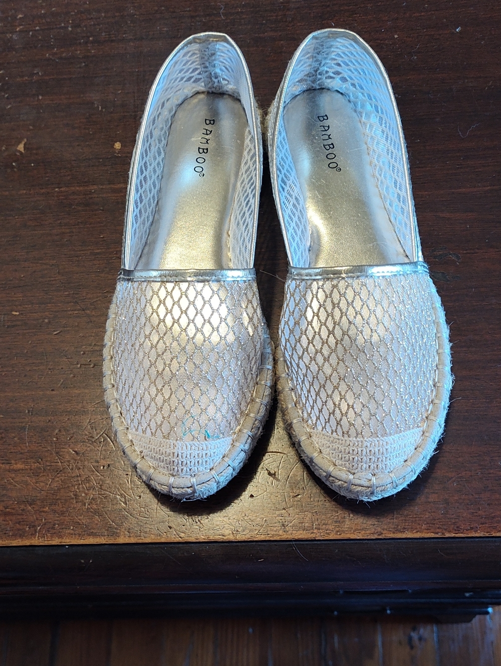 Bamboo Metallic Mesh Espadrille Slip-Ons Gold & White
